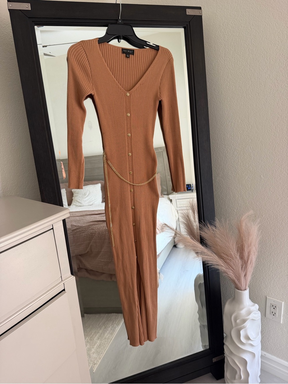 Say What? Ribbed Button-Front Long Sleeve Midi Dress in Rust